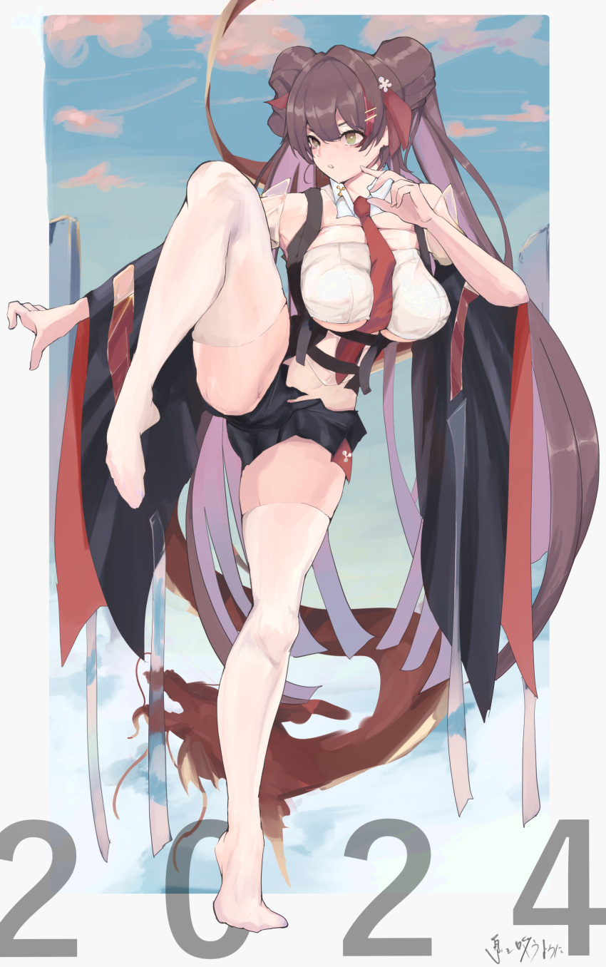 1girl 2024 absurdres black_shorts breasts brown_hair crop_top detached_collar double_bun full_body girls'_frontline girls'_frontline_neural_cloud hair_bun highres jiangyu_(neural_cloud) large_breasts leg_up legs long_hair looking_to_the_side necktie no_shoes red_necktie short_shorts shorts solo standing standing_on_one_leg thighhighs todoroki_mushi twintails type_97_(girls'_frontline) white_thighhighs