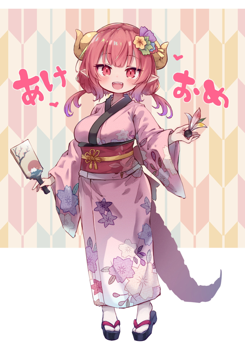 1girl alternate_costume breasts dragon_girl dragon_horns floral_print full_body gradient_hair highres horns ilulu_(maidragon) japanese_clothes kimono kobayashi-san_chi_no_maidragon kolshica looking_at_viewer multicolored_hair oppai_loli pink_hair pointy_ears red_eyes red_hair slit_pupils smile socks solo standing twintails white_socks