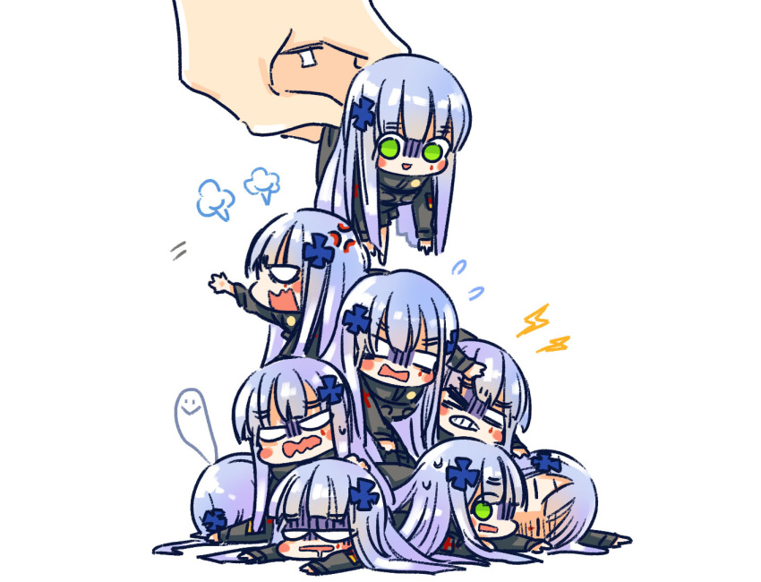 &gt;_o 1other 6+girls black_jacket blank_eyes blue_hair blush_stickers chibi clenched_teeth closed_eyes cross cross_hair_ornament dogpile faceplant flying_sweatdrops girls'_frontline giving_up_the_ghost green_eyes hair_ornament half-closed_eyes hk416_(girls'_frontline) iron_cross jacket lightning_bolt_symbol long_hair looking_at_another mini_person minigirl multiple_girls on_floor one_eye_closed open_mouth outstretched_arm picking_up puff_of_air shaded_face simple_background square_mouth su_xiao_jei teardrop_facial_mark teeth v-shaped_eyebrows wavy_mouth white_background