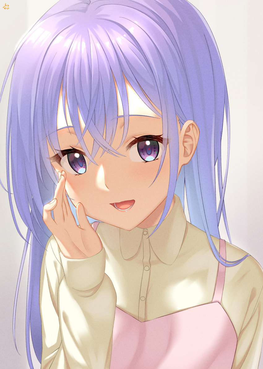 1girl 2023 absurdres apron blue_hair blush bright_pupils collared_shirt commentary_request crossed_bangs dated_commentary eyelashes fumimaru grey_background hair_between_eyes hand_up highres idolmaster idolmaster_shiny_colors lips long_hair looking_at_viewer lower_teeth_only open_mouth pink_apron purple_eyes shirt signature simple_background sleeves_past_wrists smile solo suzuki_hana teeth upper_body whispering yellow_shirt