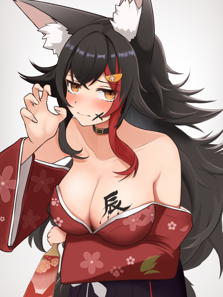 1girl absurdres alternate_costume animal_ear_fluff animal_ears bare_shoulders black_collar black_hair body_writing breasts cleavage closed_mouth collar commentary floral_print grey_background highres hololive japanese_clothes kimono large_breasts long_hair looking_at_viewer micon multicolored_hair new_year ookami_mio print_kimono red_hair red_kimono simple_background solo streaked_hair symbol-only_commentary tail virtual_youtuber wolf_ears wolf_girl wolf_tail