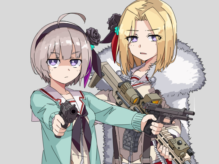 2girls aac_honey_badger ahoge assault_rifle beretta_92 black_flower black_headband black_neckerchief black_rose blonde_hair cape cardigan closed_mouth eotech flower fur-trimmed_cape fur_trim furby_hmt green_cardigan grey_hair gun hair_flower hair_ornament handgun headband heaven_burns_red holding holding_gun holding_weapon long_sleeves looking_at_viewer medium_hair minase_ichigo minase_sumomo multiple_girls neckerchief parted_bangs parted_lips peq pointing pointing_at_viewer purple_eyes rifle rose sailor_collar school_uniform shaded_face short_hair siblings sisters upper_body weapon white_sailor_collar