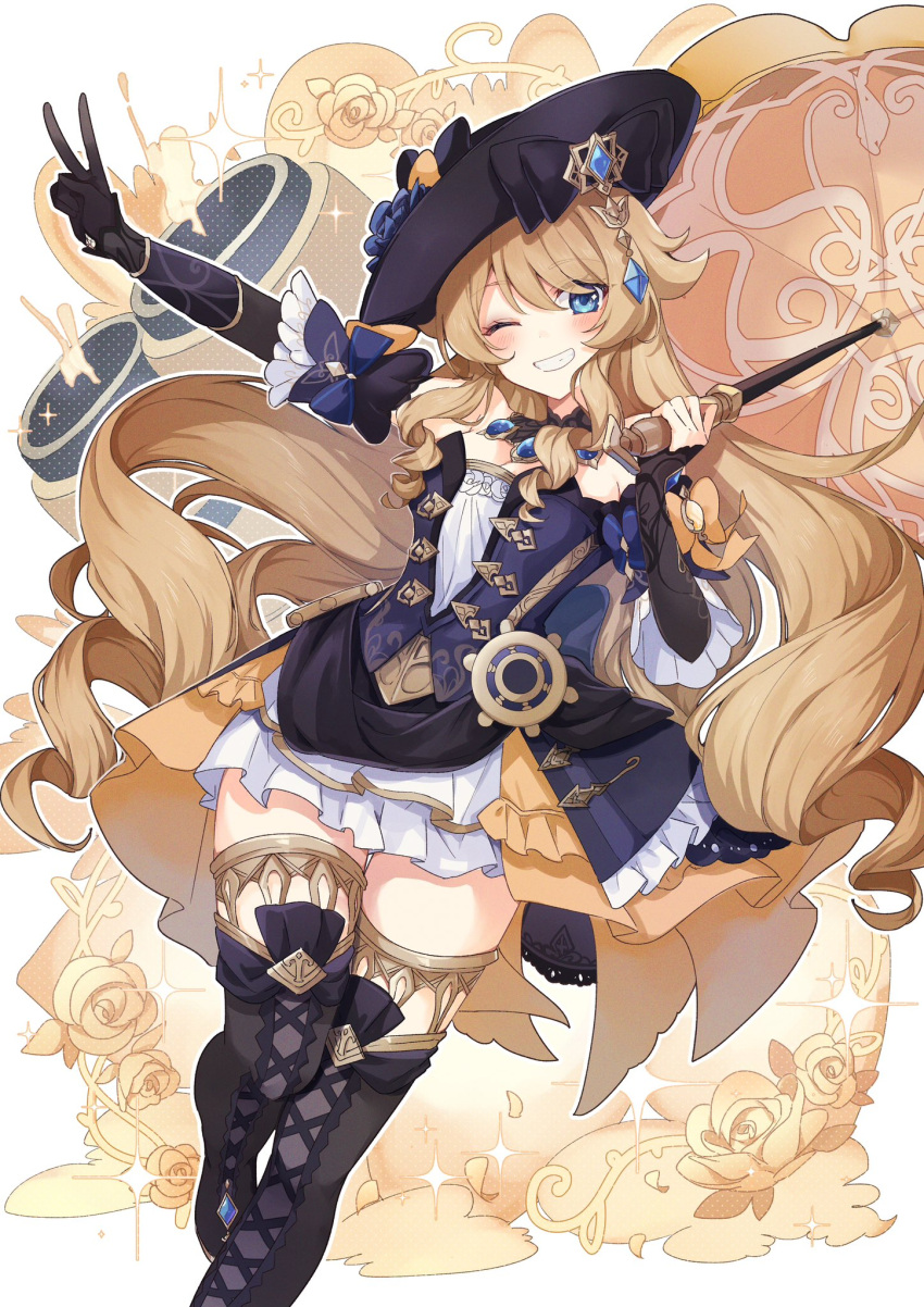 1girl bare_shoulders black_flower black_gloves black_headwear black_rose blonde_hair blue_eyes blue_gemstone blush breasts detached_sleeves dress drill_hair drill_sidelocks flower frilled_umbrella frills gem genshin_impact gloves grin hat hat_flower highres holding holding_umbrella jewelry lace-trimmed_collar lace_trim long_hair looking_at_viewer navia_(genshin_impact) one_eye_closed open_mouth parasol rose shirase_(shirose) sidelocks smile solo strapless strapless_dress thighs umbrella v very_long_hair yellow_flower