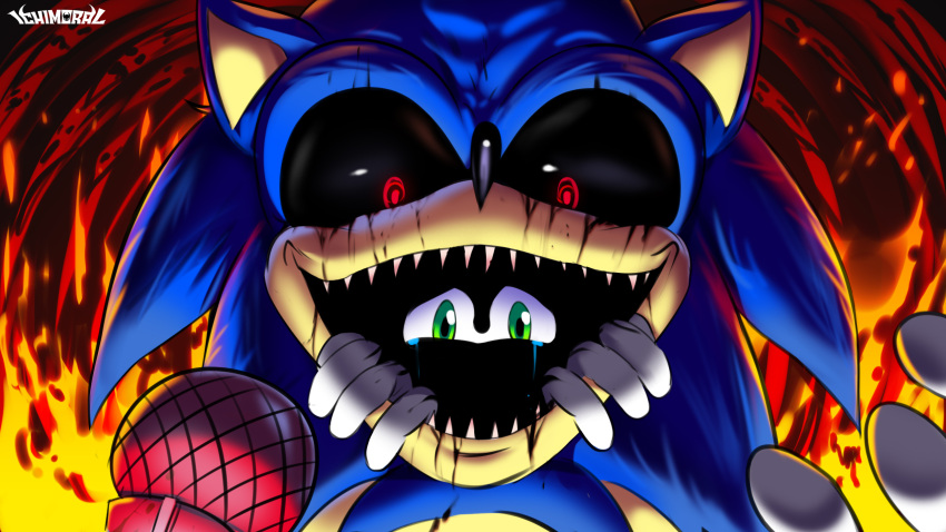 anthro blue_body blue_fur bodily_fluids creepy creepypasta demonic duo electronics eulipotyphlan fire friday_night_funkin' fur green_eyes hedgehog hi_res horror_(theme) ichimoral looking_at_viewer male mammal microphone nightmare_fuel open_mouth possession red_eyes sega sonic.exe sonic.exe_(creepypasta) sonic_the_hedgehog sonic_the_hedgehog_(series) tears teeth wide_smile