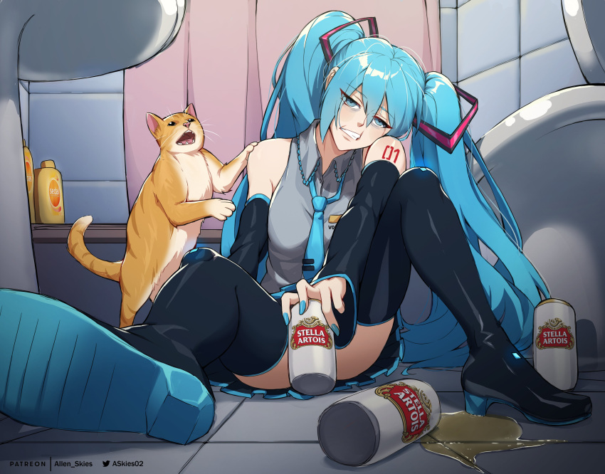 1girl absurdres alcohol allen_skies aqua_hair aqua_nails artist_name bathroom beer beer_can boots can cat detached_sleeves drink_can english_commentary fingernails hatsune_miku highres holding holding_can long_hair necktie number_tattoo on_floor patreon_username shampoo_bottle shower_curtain sink sitting spill spilling stella_artois tattoo teeth thigh_boots toilet twintails twitter_username very_long_hair vocaloid