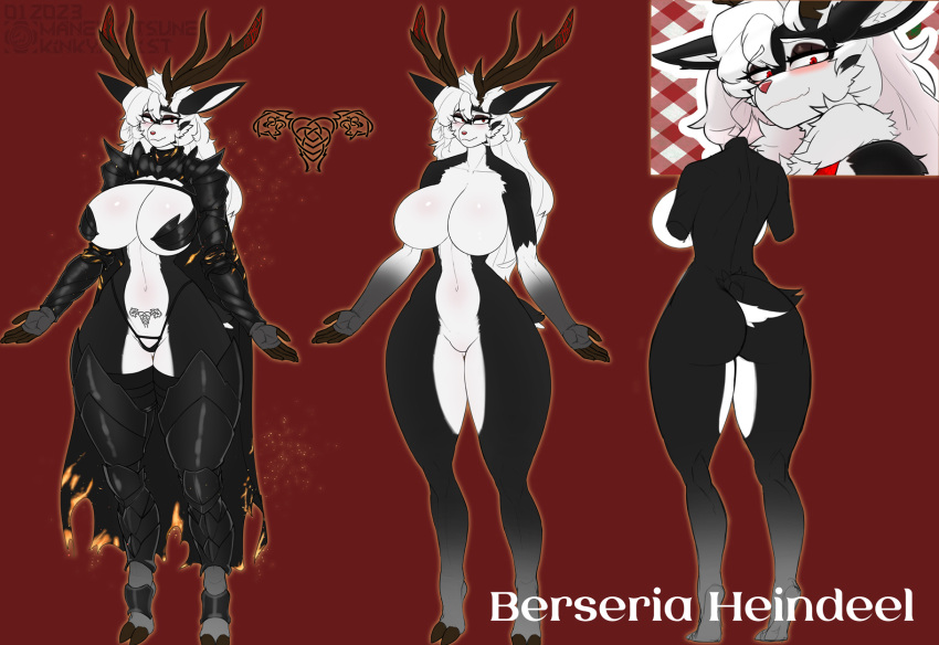 2023 5_fingers anthro antlers armor berseria_heindeel big_breasts black_body black_cape black_clothing black_fur black_thong black_underwear breasts cape clothing deer english_text featureless_breasts featureless_crotch female fingers fur hair hi_res hooves horn leg_armor long_hair looking_at_viewer mammal maned_kitsune model_sheet multicolored_body multicolored_fur new_world_deer red_background red_eyes reindeer simple_background skimpy_armor solo tail text thick_thighs thong two_tone_body two_tone_fur unconvincing_armor underwear white_body white_fur white_hair wide_hips womb_tattoo