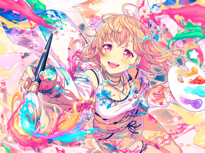 1girl badge bang_dream! blush button_badge choker colorful crop_top dolphin_shorts ear_piercing earrings floating_hair from_above hair_ornament hairclip hiromachi_nanami holding holding_paintbrush jacket jacket_partially_removed jewelry necklace official_art open_mouth paint paint_splatter paintbrush painting_(action) palette_(object) piercing pink_eyes pink_hair shorts sitting smile solo strap_slip thighlet third-party_source