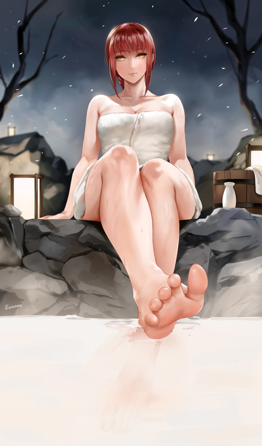 1girl bare_arms bare_legs bare_shoulders barefoot bathing breasts chainsaw_man easonx feet full_body highres legs makima_(chainsaw_man) naked_towel onsen red_hair ringed_eyes rock short_hair sitting snow snowing soaking_feet soles toes towel water yellow_eyes
