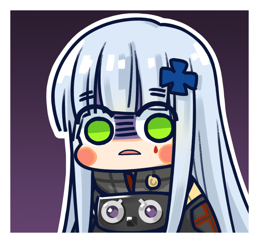 1girl black_jacket blunt_bangs blush_stickers chibi chinese_commentary commentary_request cross cross_hair_ornament frown girls'_frontline green_eyes grey_hair hair_ornament highres hk416_(girls'_frontline) iron_cross jacket long_hair looking_at_viewer official_art parted_lips purple_background shaded_face simple_background solo su_xiao_jei teardrop_facial_mark upper_body very_long_hair