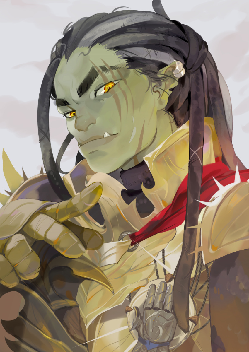 2023 armor black_eyelashes black_hair clothing female gloves gold_(metal) gold_armor green_body green_skin hair half-length_portrait handwear hi_res humanoid jollux_(artist) long_hair looking_at_viewer orc portrait scar simple_background solo tusks white_background yellow_eyes