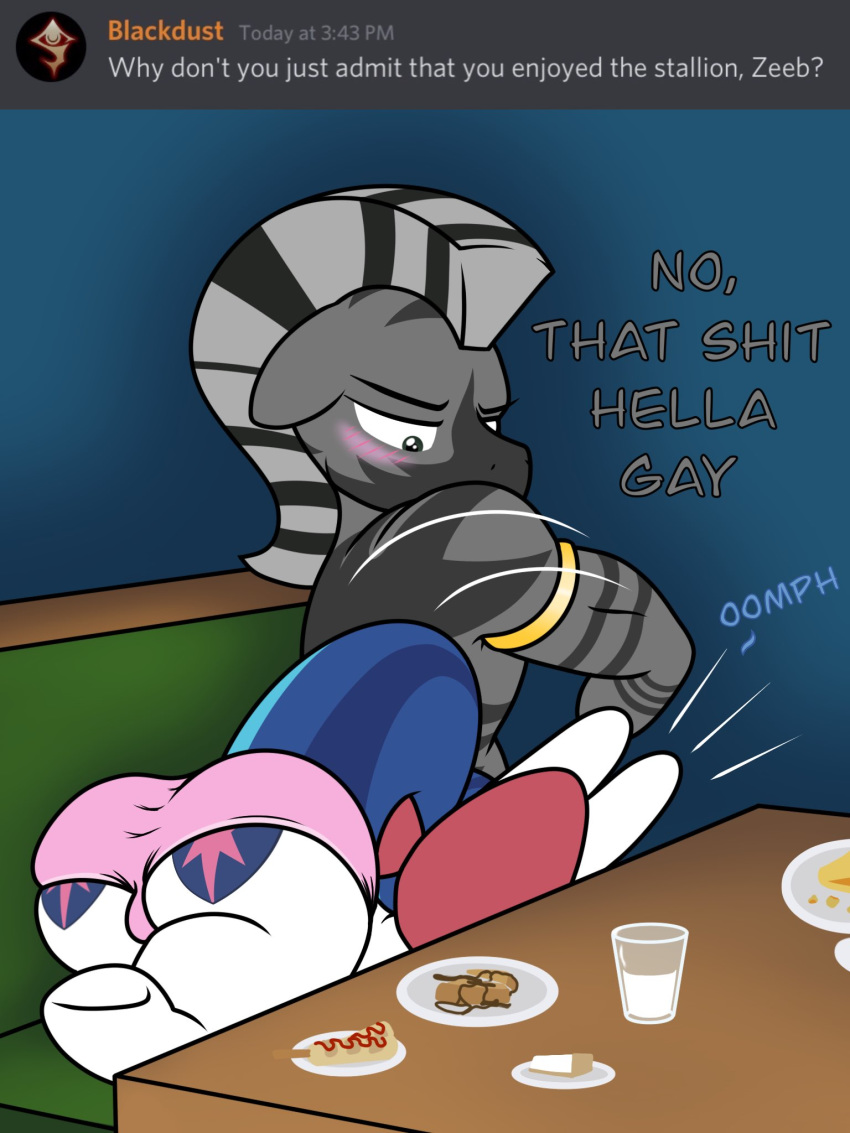 3:4 anthro ask_blog ask_bottom_armor ass_up big_butt blush bow bulge butt clothing dialogue english_text equid equine food friendship_is_magic furniture hi_res horse lefthighkick male mammal my_little_pony panties pony shining_armor_(mlp) table text underwear zebra