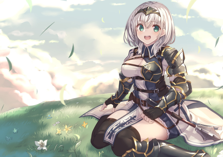 1girl :d armor black_gloves breasts cleavage eyebrows_visible_through_hair fingerless_gloves gloves green_eyes hololive large_breasts looking_at_viewer medium_hair mole mole_on_breast open_mouth shirogane_noel short_hair silver_hair sitting smile solo virtual_youtuber wariza yukichin