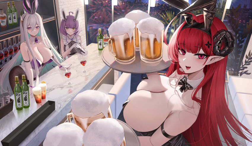 3girls absurdres alcohol animal_ears arm_strap arm_support azur_lane bare_shoulders beer beer_bottle beer_mug black_bow black_bowtie black_headband black_horns black_leotard bottle bow bowtie breasts cleavage_cutout clothing_cutout cocktail_shaker colored_inner_hair counter cup curled_horns demon_girl detached_collar drinking_glass fake_animal_ears from_above gloves headband highres hindenburg_(azur_lane) hindenburg_(delirious_duel)_(azur_lane) holding holding_tray horns houston_(azur_lane) houston_ii_(azur_lane) houston_ii_(ready_to_serve!)_(azur_lane) huge_breasts indoors jeze kearsarge_(all_night_charge)_(azur_lane) kearsarge_(azur_lane) leotard long_hair looking_at_viewer mug multicolored_hair multicolored_leotard multiple_girls official_alternate_costume open_mouth pantyhose playboy_bunny pointy_ears purple_eyes purple_hair rabbit_ears red_eyes red_hair sideboob sleeves_past_elbows strapless strapless_leotard tray undersized_breast_cup very_long_hair white_gloves white_hair window wine_glass