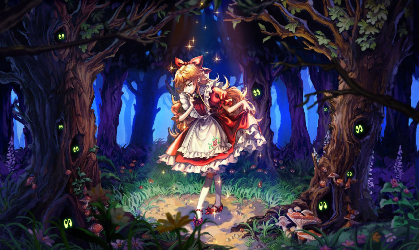 1980s_(style) 1girl apron bow brown_eyes brown_hair dress elise_liedl forest grass green_brooch highres kirame_kirai little_goody_two_shoes long_hair nature official_art outdoors red_bow red_dress red_footwear retro_artstyle ribbon-trimmed_socks smile solo tree white_apron