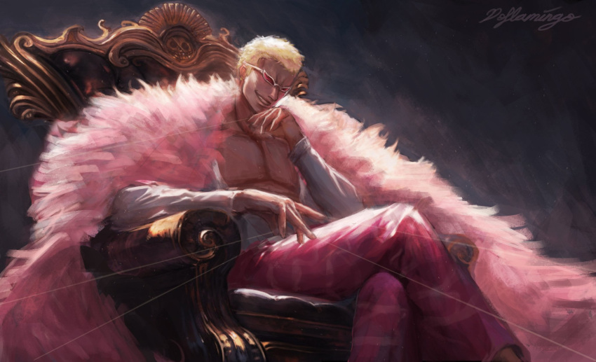 1boy arm_up blonde_hair capri_pants character_name coat crossed_legs dark_background donquixote_doflamingo feather_coat feet_out_of_frame gremlik hand_on_own_chin highres male_focus one_piece open_clothes pants pectorals pink_coat shirt short_hair sitting smile smiley_face sunglasses thread throne white_shirt