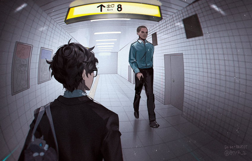 2boys amamiya_ren bag black_jacket black_pants blue_shirt btmr_game cat closed_mouth crossover exit_sign glasses hallway highres jacket long_sleeves male_focus morgana_(persona_5) multiple_boys pants persona persona_5 shirt sign subway_station tactile_paving the_exit_8 twitter_username walking white_shirt