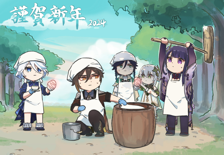 2024 2boys 3girls :| anger_vein apron arms_up bandaged_hand bandages black_hair blue_eyes blue_hair braid brown_eyes brown_hair bucket chibi closed_mouth cup day dress food full_body furina_(genshin_impact) genshin_impact gloom_(expression) gloves green_hair grey_hair hair_between_eyes height_difference heterochromia highres holding holding_mallet holding_saucer injury kine long_hair looking_at_another mallet mochi mochitsuki mortar_(bowl) multicolored_hair multiple_boys multiple_girls nahida_(genshin_impact) nervous outdoors pants purple_eyes purple_hair raiden_shogun saucer shoes side_ponytail single_braid sleeves_rolled_up squatting standing sweat twin_braids two-tone_hair venti_(genshin_impact) very_long_hair xinzoruo zhongli_(genshin_impact)