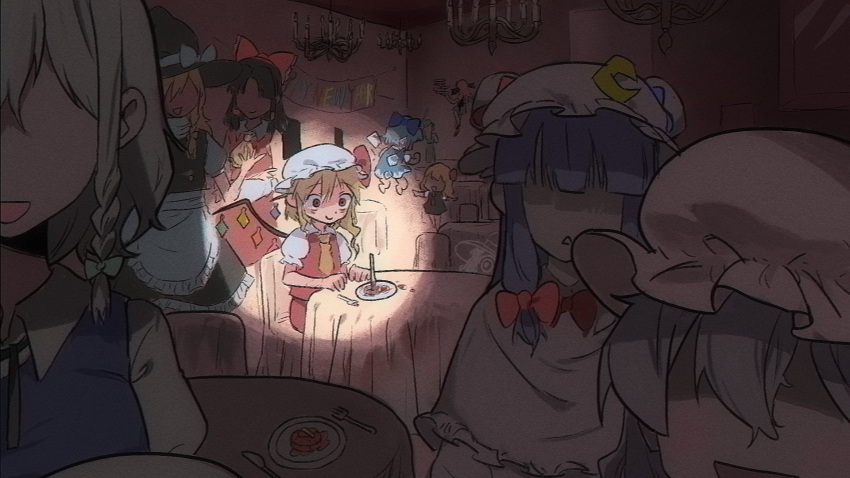 10000_we 6+girls :d banner barefoot black_headwear blonde_hair blue_bow bow candle chandelier cirno closed_mouth commentary commentary_request constricted_pupils crystal english_commentary faceless faceless_female false_smile flandre_scarlet food fork grey_hair hair_bow hakurei_reimu happy_new_year hat hat_bow highres hong_meiling ice_cream izayoi_sakuya kirisame_marisa koakuma komeiji_koishi lonely long_hair medium_bangs mob_cap multiple_girls open_mouth patchouli_knowledge pink_headwear plate purple_eyes red_bow red_eyes red_hair remilia_scarlet rumia short_hair smile solo_focus spotlight touhou triangle_mouth upper_body white_bow wings witch_hat