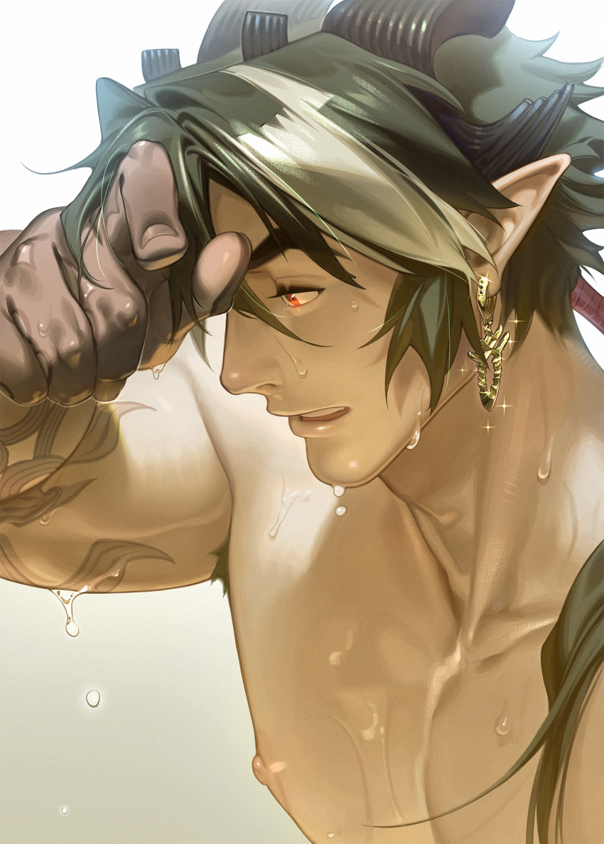 1boy arknights arm_tattoo armpit_hair bara bare_pectorals chiizu_namasu chong_yue_(arknights) collarbone dragon_boy dragon_horns earrings english_commentary gradient_background hand_on_own_forehead highres horns jewelry looking_to_the_side male_focus multicolored_hair nipples pectorals pointy_ears profile red_eyes solo tattoo toned toned_male topless_male upper_body wet