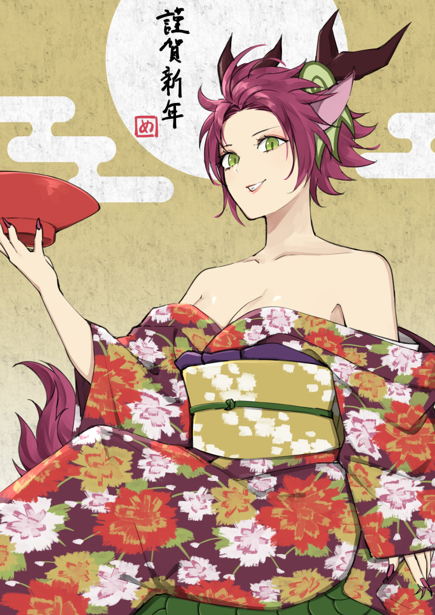 1girl absurdres breasts chinese_zodiac cleavage collarbone cup dragon_ears dragon_girl dragon_horns dragon_tail duel_monster fingernails green_eyes highres horns japanese_clothes kimono lipstick looking_at_viewer makeup medium_breasts meshida_(lux-far-accelerator) nail_polish obi red_hair sakazuki sash sharp_fingernails short_hair simple_background slit_pupils smile solo tail teeth year_of_the_dragon yu-gi-oh! zoodiac_drident