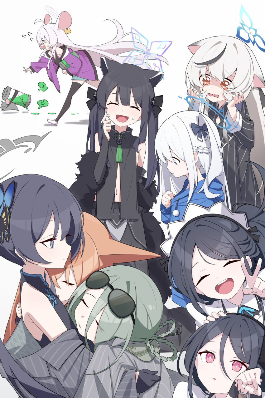 &lt;key&gt;_(blue_archive) 6+girls absurdres ahoge animal animal_ears apron aris_(blue_archive) aris_(maid)_(blue_archive) black_dress black_gloves black_hair black_thighhighs blue_archive blue_halo blue_hoodie braid brown_hair china_dress chinese_clothes closed_eyes closed_mouth coat dress flying_sweatdrops gloves green_hair grey_coat grey_hair grey_halo halo highres hood hood_down hoodie kisaki_(blue_archive) kokona_(blue_archive) long_hair long_sleeves mina_(blue_archive) miyako_(blue_archive) mmhomm mouse mouse_ears multicolored_hair multiple_girls official_alternate_costume one_side_up open_mouth orange_eyes pom_pom_(clothes) ponytail purple_eyes red_eyes ringed_eyes rumi_(blue_archive) saya_(blue_archive) shaded_face short_sleeves shun_(blue_archive) shun_(small)_(blue_archive) simple_background smile streaked_hair striped striped_coat thighhighs tiger_ears twintails vertical-striped_coat vertical_stripes white_apron white_background