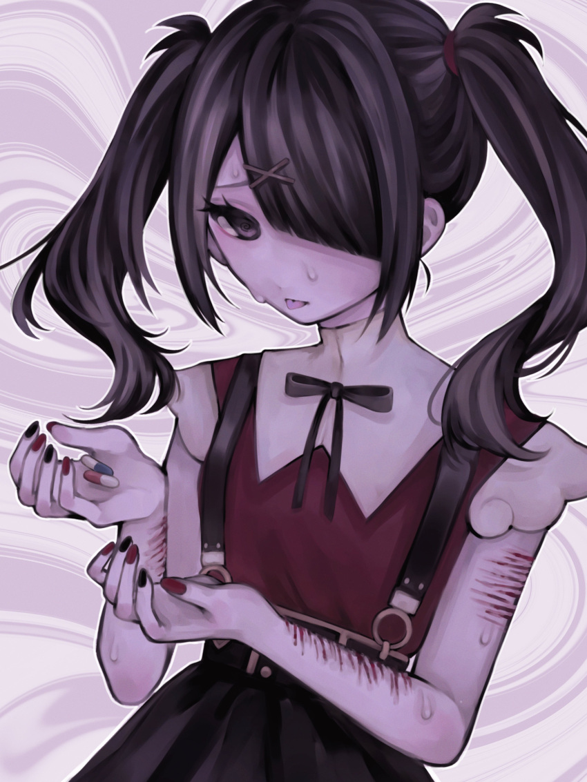 1girl absurdres ame-chan_(needy_girl_overdose) black_eyes black_hair black_nails black_ribbon black_skirt collared_shirt cowboy_shot cuts distortion grey_background hair_ornament hair_over_one_eye hair_tie hashtag_only_commentary highres holding_pill injury iwakura_(iwakura_0) long_hair looking_at_viewer multicolored_nails nail_polish neck_ribbon needy_girl_overdose red_nails red_shirt ribbon scar scar_on_arm self-harm self-harm_scar shirt shirt_tucked_in skirt solo standing suspender_skirt suspenders sweatdrop twintails wrist_cutting x_hair_ornament
