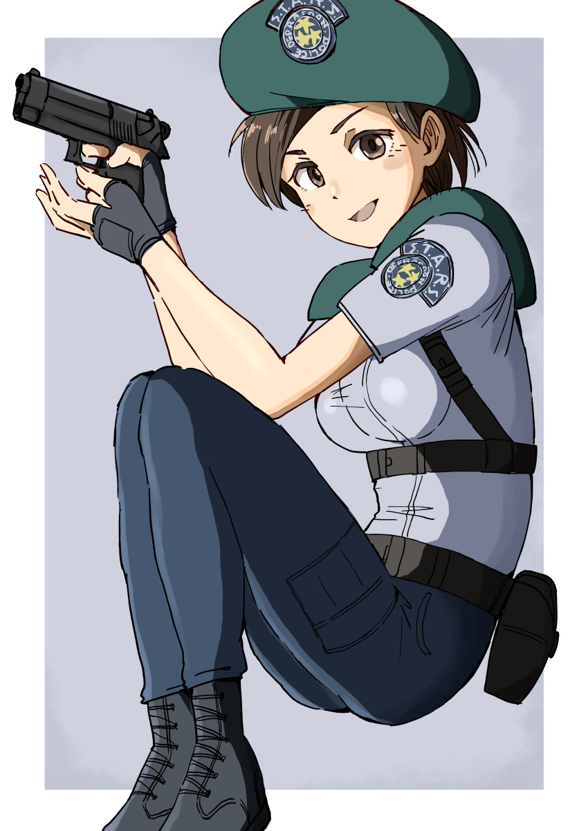 1girl absurdres beret black_footwear black_gloves boots border breasts brown_eyes brown_hair commentary_request denim fingerless_gloves full_body gloves green_headwear grey_background gun haldeco handgun hat highres holding holding_gun holding_weapon jeans jill_valentine open_mouth pants police police_uniform pouch resident_evil resident_evil_1 short_hair simple_background solo uniform weapon white_border