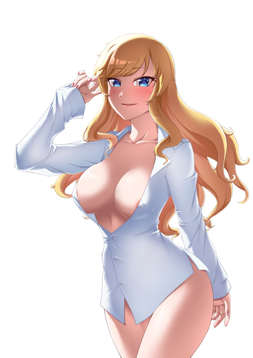 1girl absurdres areola_slip areolae blonde_hair blue_eyes blush breasts chanakim cleavage collarbone commentary_request covered_nipples dress_shirt eyebrows_visible_through_hair highres idolmaster idolmaster_cinderella_girls large_breasts light_smile long_hair looking_at_viewer nail_polish naked_shirt no_bra no_panties ootsuki_yui pink_nails shirt simple_background solo white_background