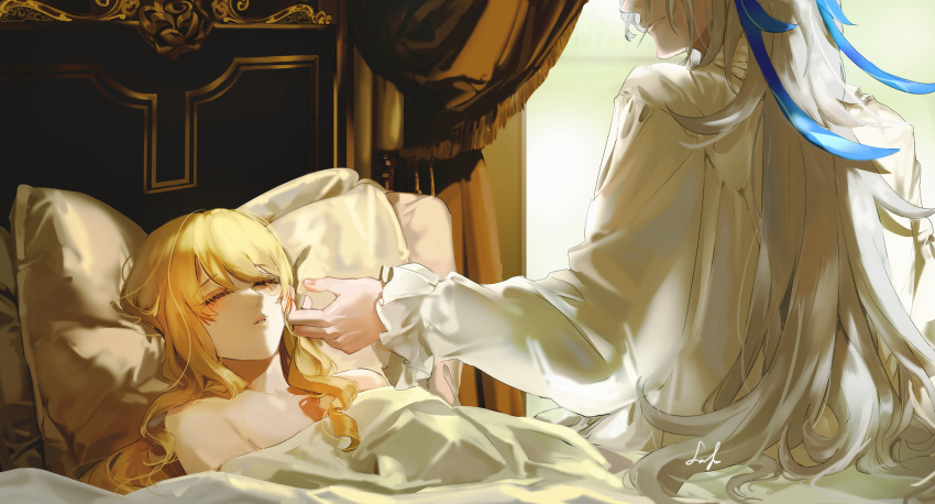 1boy 1girl absurdres bed blanket blonde_hair blue_horns closed_eyes closed_mouth clothed_male_nude_female day drill_hair genshin_impact head_on_pillow hetero highres horns indoors light_smile lips lluluchwan long_hair long_sleeves lying navia_(genshin_impact) neuvillette_(genshin_impact) nude on_back on_bed parted_bangs parted_lips pillow see-through_silhouette shirt sleeping under_covers very_long_hair white_hair white_shirt window