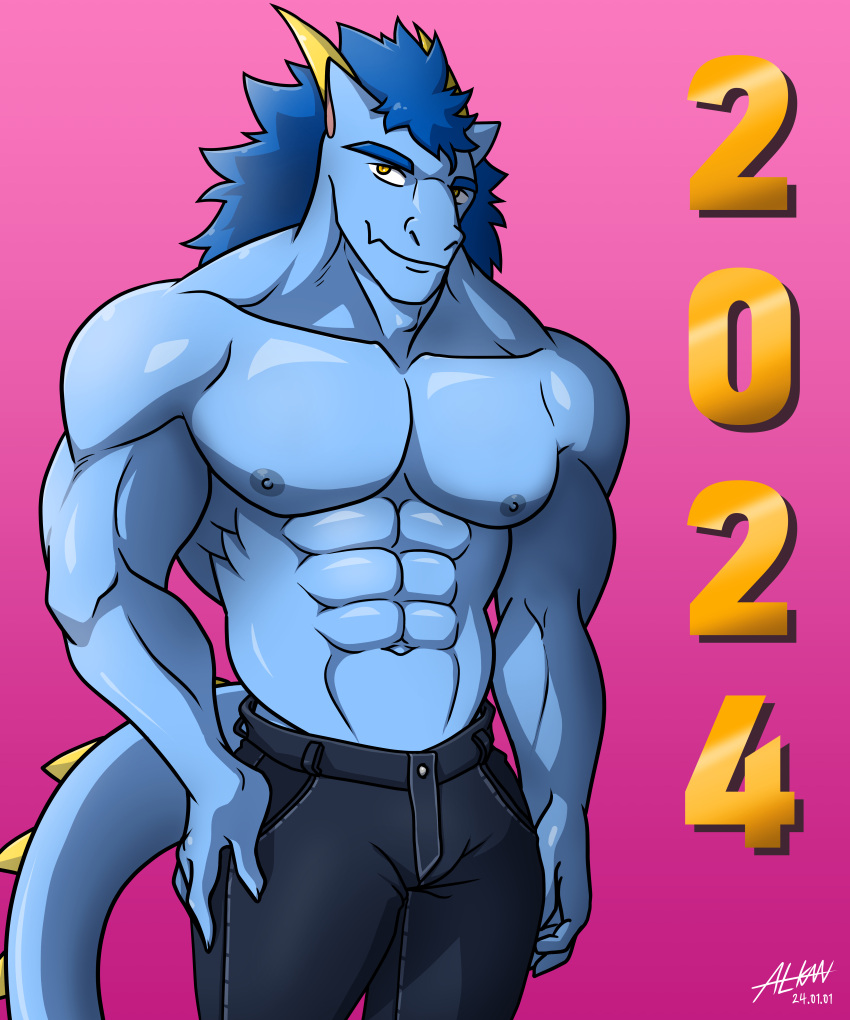 abs absurd_res alkan anthro big_pecs blue_body blue_hair blue_skin bottomwear clothed clothing denim denim_bottomwear denim_clothing dragon hair hi_res horn jeans male moobs muscular muscular_anthro muscular_male navel nipples pants pants_only pecs solo topless topless_anthro topless_male yellow_eyes