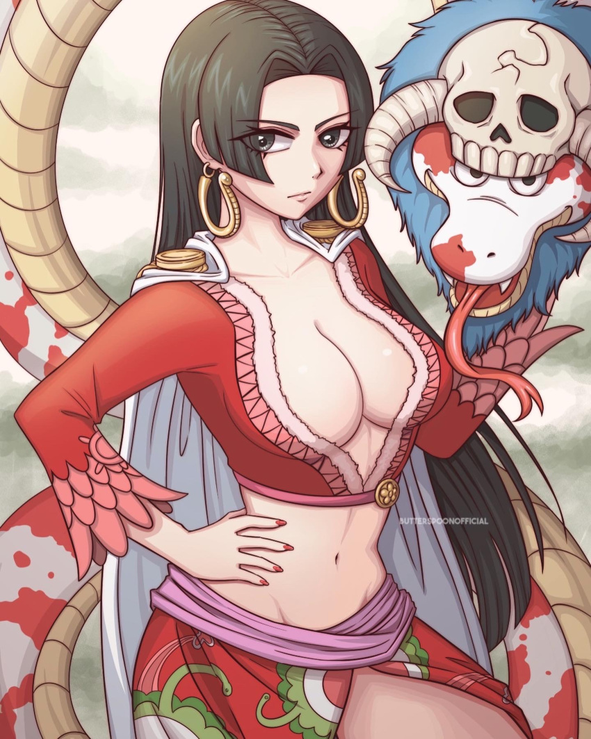 1girl artist_name black_eyes black_hair boa_hancock breasts butter_spoon cape cleavage commentary crop_top earrings epaulettes eyes_visible_through_hair forked_tongue groin hand_on_own_hip highres jewelry large_breasts navel one_piece plunging_neckline red_nails red_skirt salome_(one_piece) skirt snake_earrings tongue white_cape