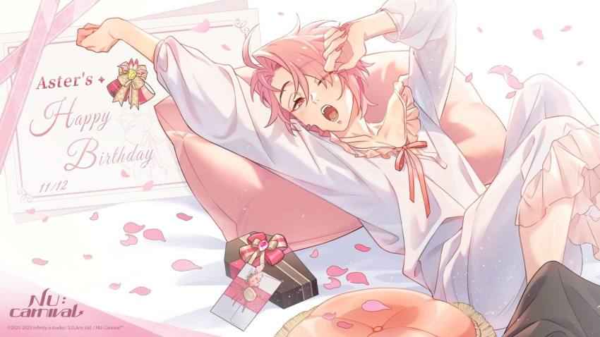 1boy ;o androgynous aster_(nu_carnival) birthday_card box frilled_pants frills gift gift_box girly_boy happy_birthday highres letter long_sleeves looking_at_viewer lying male_focus nu_carnival official_art on_back one_eye_closed open_mouth otoko_no_ko pajamas pants pillow pink_eyes pink_hair pink_petals pink_ribbon pointy_ears ribbon shirt short_hair sleepy vampire waking_up wax_seal white_pants white_shirt yawning