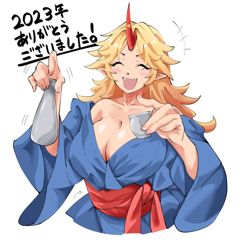 +++ 1girl 2023 :d blonde_hair blue_kimono blush bottle breasts choko_(cup) cleavage commentary_request cropped_torso cup fang fugaku_(miko_no_miyatsuguchi) highres holding holding_bottle holding_cup horns hoshiguma_yuugi hoshiguma_yuugi_(kimono) japanese_clothes kimono large_breasts long_hair obi off_shoulder official_alternate_costume open_mouth pointy_ears red_horns red_sash sash simple_background single_horn smile solo star_(symbol) tokkuri touhou translation_request upper_body white_background