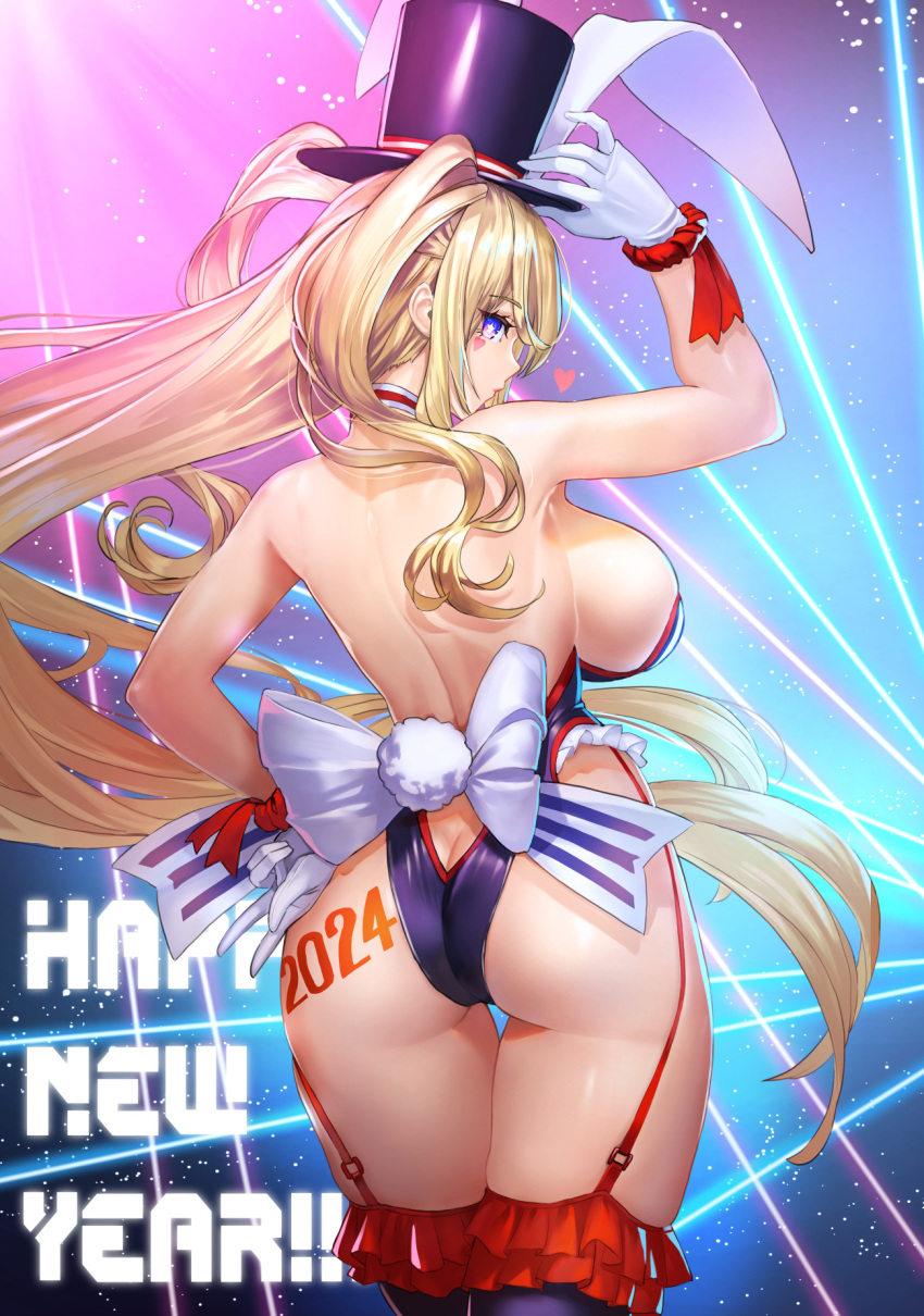 1girl animal_ears ass azur_lane blonde_hair blue_leotard breasts cleavage fake_animal_ears gloves guam_(azur_lane) guam_(stage-setting_charmer)_(azur_lane) hat highres iitsumonemu large_breasts leotard long_hair looking_at_viewer looking_back lying official_alternate_costume on_back open_mouth playboy_bunny purple_eyes rabbit_ears smile solo star-shaped_pupils star_(symbol) symbol-shaped_pupils top_hat very_long_hair white_gloves