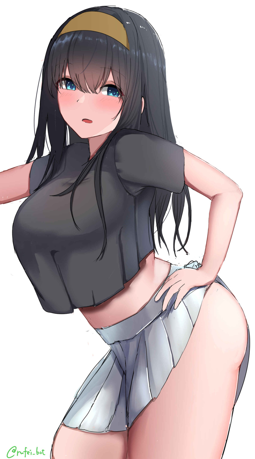 1girl absurdres black_hair black_shirt blue_eyes blush breasts brown_hairband cowboy_shot dot_nose from_side hair_between_eyes hairband hand_on_own_hip hand_up highres idolmaster idolmaster_cinderella_girls idolmaster_cinderella_girls_starlight_stage long_hair looking_at_viewer medium_breasts midriff_peek miniskirt outstretched_arm parted_lips rufei_bot sagisawa_fumika shirt short_sleeves side_slit simple_background skirt solo standing twitter_username white_background white_skirt