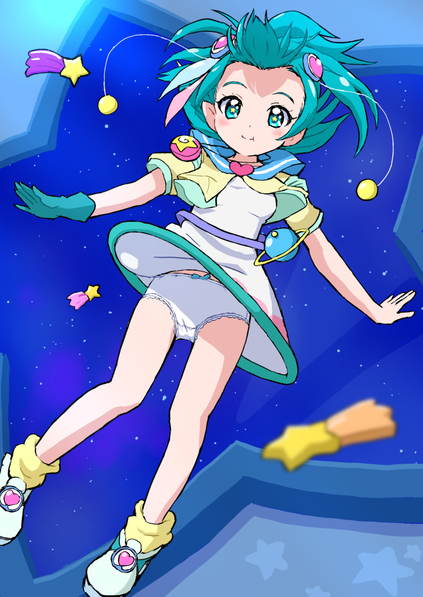 1girl :t aqua_eyes aqua_hair bad_id bad_twitter_id blue_gloves blush breasts cameltoe cropped_jacket cure_cotton cure_milky dress gloves hagoromo_lala hair_ornament highres inactive_account legs loose_socks panties pointy_ears precure sailor_collar shoes shooting_star_(symbol) single_glove sky small_breasts socks solo space star-shaped_pupils star_(sky) star_(symbol) star_twinkle_precure starry_sky symbol-shaped_pupils underwear white_panties zero_gravity