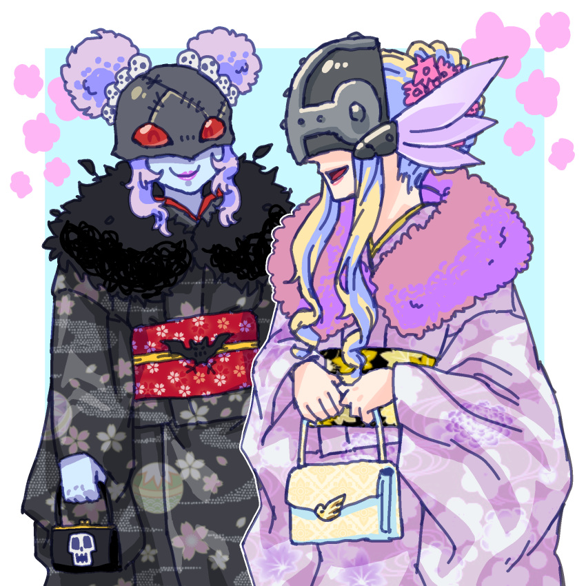 2girls ^_^ afro_puffs alternate_costume alternate_hairstyle angewomon bag black_kimono blonde_hair blue_skin closed_eyes closed_mouth colored_skin covered_eyes digimon digimon_(creature) floral_print floral_print_kimono flower fur_collar gerusyu hair_flower hair_ornament hair_up handbag helmet helmet_over_eyes highres holding holding_bag japanese_clothes kimono ladydevimon long_hair multiple_girls obi open_mouth pink_flower pink_lips print_kimono purple_hair purple_kimono red_eyes red_sash sash short_hair sideways_mouth skull skull_hair_ornament smile stitches winged_helmet