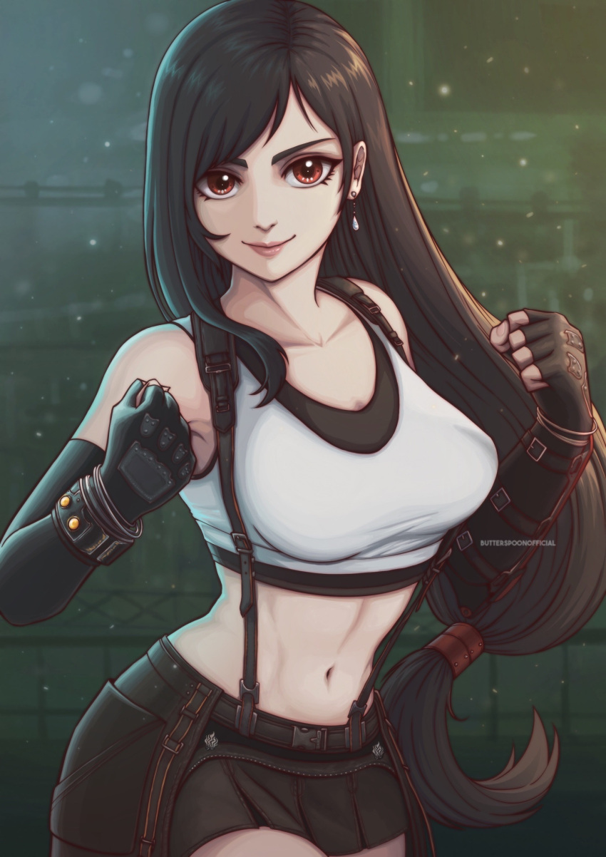 1girl artist_name balcony black_sports_bra breasts butter_spoon clenched_hands commentary_request crop_top earrings elbow_gloves final_fantasy final_fantasy_vii final_fantasy_vii_remake fingerless_gloves gloves highres jewelry long_hair low-tied_long_hair medium_breasts miniskirt narrow_waist navel red_eyes skirt smile solo sports_bra suspender_skirt suspenders tifa_lockhart very_long_hair