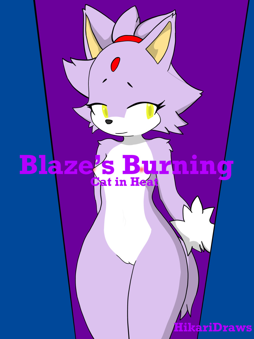 absurd_res accessory anthro areola blaze_the_cat female forehead_gem fur headband hi_res hikaridraws nude purple_body purple_fur red_areola red_headband sega solo sonic_the_hedgehog_(series)