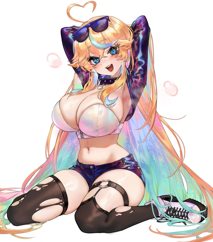 1girl ahoge arielle_(vtuber) armpits arms_behind_head blonde_hair blue_eyes blue_hair boots breasts english_commentary eyewear_on_head foolish_potato hair_between_eyes heart heart_ahoge highres indie_virtual_youtuber large_breasts looking_at_viewer midriff multicolored_hair navel open_mouth second-party_source shorts simple_background sitting skindentation smile solo sunglasses teeth thighhighs tongue torn_clothes two-tone_hair virtual_youtuber wariza white_background zipper zipper_pull_tab