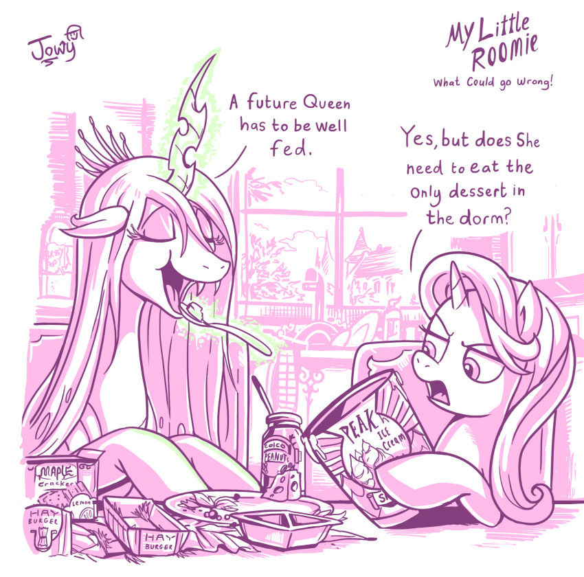 2020 annoyed arthropod changeling cutlery dessert dialogue duo eating english_text equid feral food friendship_is_magic hi_res horn ice_cream inside jowybean kitchen_utensils levitation magic mammal monochrome my_little_pony open_mouth queen_chrysalis_(mlp) spoon spot_color starlight_glimmer_(mlp) text tools unicorn