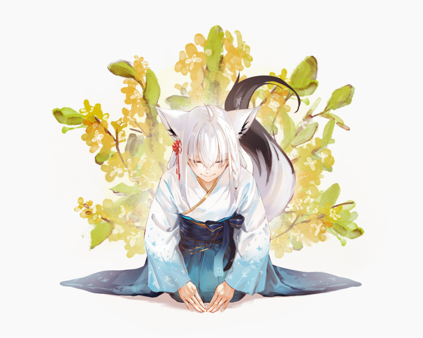 1girl absurdres ahoge animal_ear_fluff animal_ears bowing braid crossed_bangs extra_ears flower fox_ears fox_girl fox_tail gold_trim hair_ornament hakama highres hololive hyde_(tabakko) japanese_clothes kimono long_hair low-tied_long_hair official_alternate_costume pentagon_(shape) shirakami_fubuki shirakami_fubuki_(new_year) side_braid sidelocks simple_background single_braid solo tail virtual_youtuber white_background white_hair white_kimono