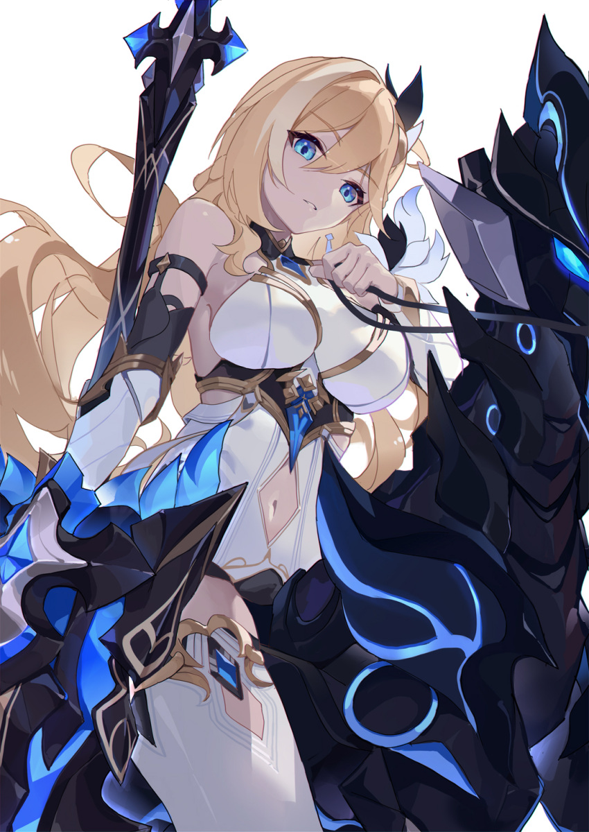 1girl armor asc11 bare_shoulders bianka_durandal_ataegina bianka_durandal_ataegina_(palatinus_equinox) blonde_hair blue_eyes breasts chinese_commentary clothing_cutout commentary_request dress earrings gauntlets hair_between_eyes hair_ornament highres holding holding_polearm holding_weapon honkai_(series) honkai_impact_3rd horse horseback_riding jewelry krishna_(honkai_impact) large_breasts long_hair looking_at_viewer navel navel_cutout parted_lips polearm riding simple_background solo spear thighhighs weapon white_background white_dress white_thighhighs