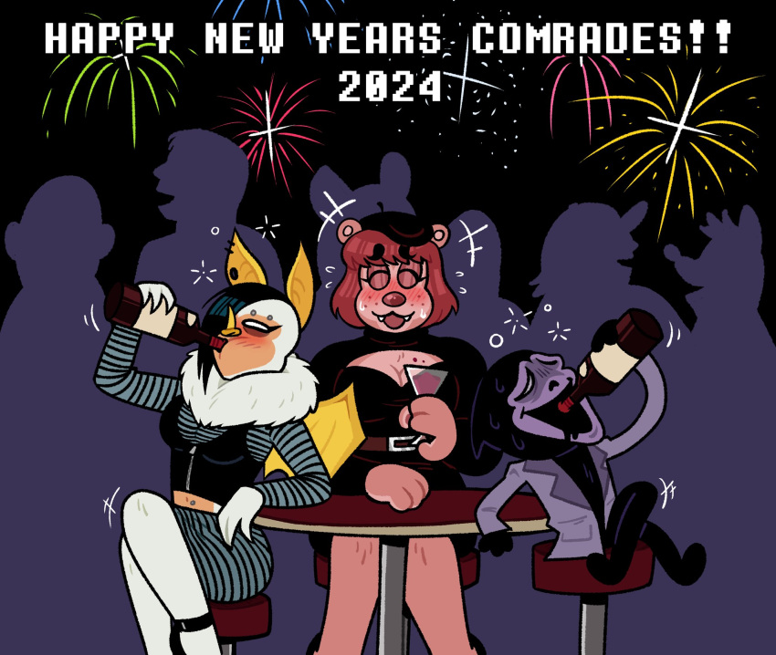 2023 alcohol anthro bat bear beret beverage blarf022 blarf_(blarf022) breasts brown_body brown_fur chugging cleavage clothed clothing container cup drinking drinking_glass drunk female fur glass glass_container glass_cup group hat headgear headwear hi_res holidays honduran_white_bat humanoid imp leaf-nosed_bat male mammal microbat new_year new_year_2024 party sherry_bear_(blarf022) substance_intoxication trio_focus vranda_von_bat_(blarf022) white_body white_fur wine wine_bottle wine_glass yangochiropteran