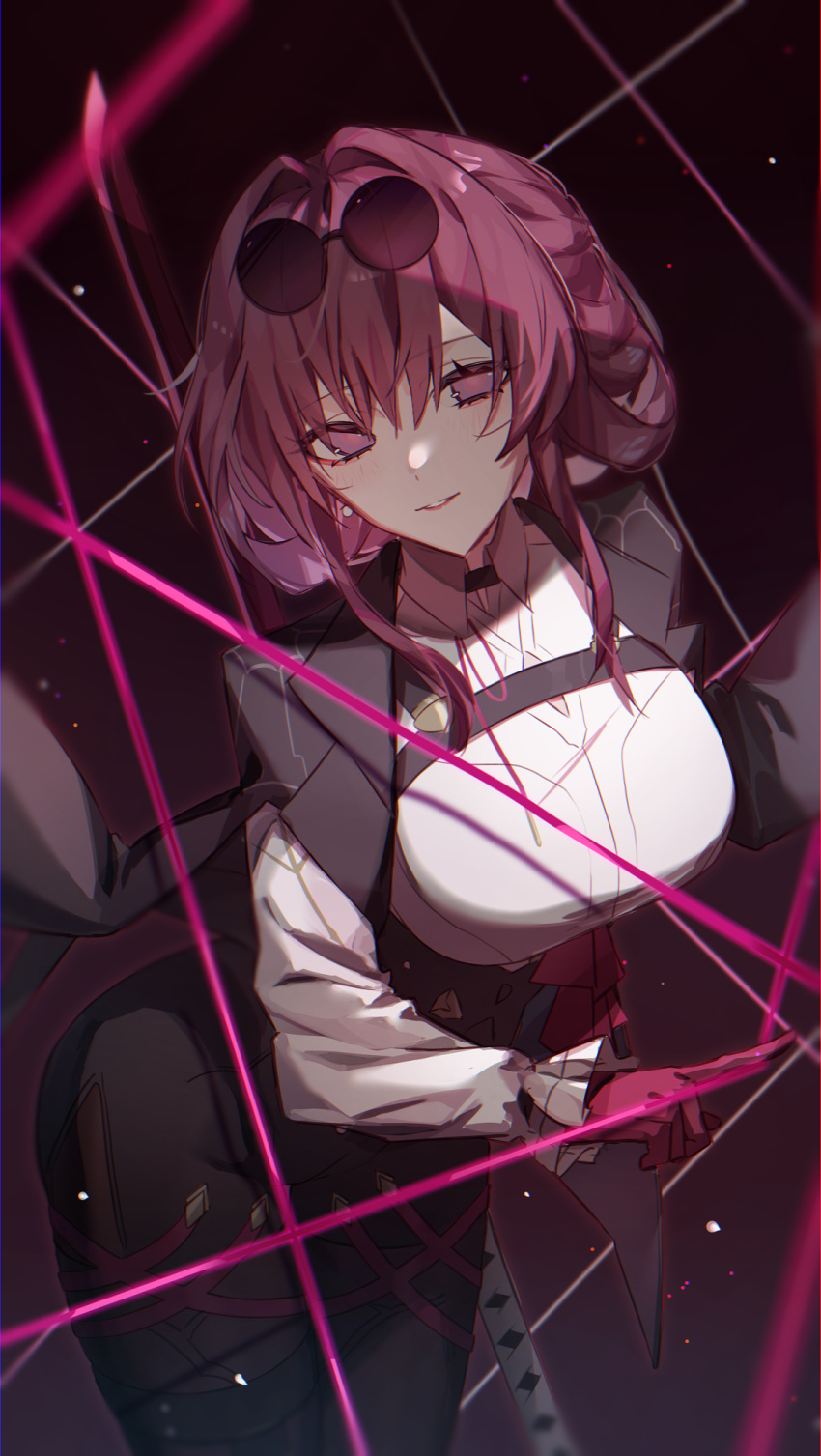 1girl black_background black_jacket boots breasts collared_shirt eyewear_on_head gloves hair_between_eyes high-waist_shorts highres honkai:_star_rail honkai_(series) jacket kafka_(honkai:_star_rail) karamaru626 large_breasts light_particles light_smile long_hair long_sleeves looking_at_viewer pantyhose pantyhose_under_shorts parted_lips purple_eyes purple_gloves purple_hair round_eyewear shirt shorts single_thigh_boot smile sunglasses thigh_boots thread white_shirt