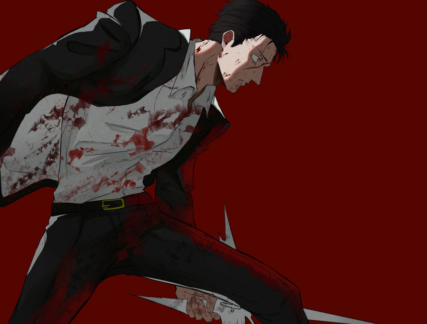 1boy belt black_belt black_eyes black_hair black_jacket black_pants blood blood_on_clothes blood_on_face collared_shirt cowboy_shot gnb01 highres higuruma_hiromi holding holding_sword holding_weapon jacket jujutsu_kaisen long_sleeves male_focus pants profile red_background scar scar_on_face shirt short_hair simple_background solo standing sword weapon white_shirt