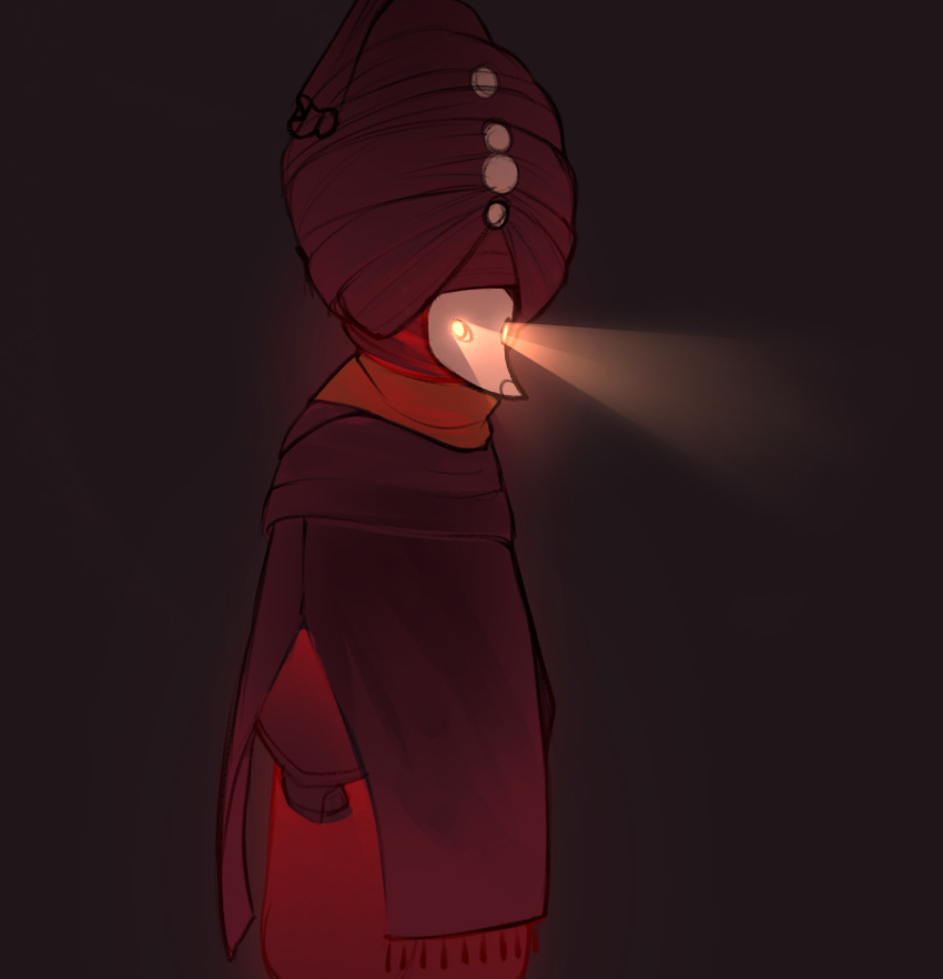 2024 ambiguous_gender anthro biped black_background canid canine clothing digital_media_(artwork) discreet_user glowing glowing_eyes headgear headwear hi_res mammal red_cloak red_scarf religious_clothing religious_headwear scarf simple_background solo turban white_mask