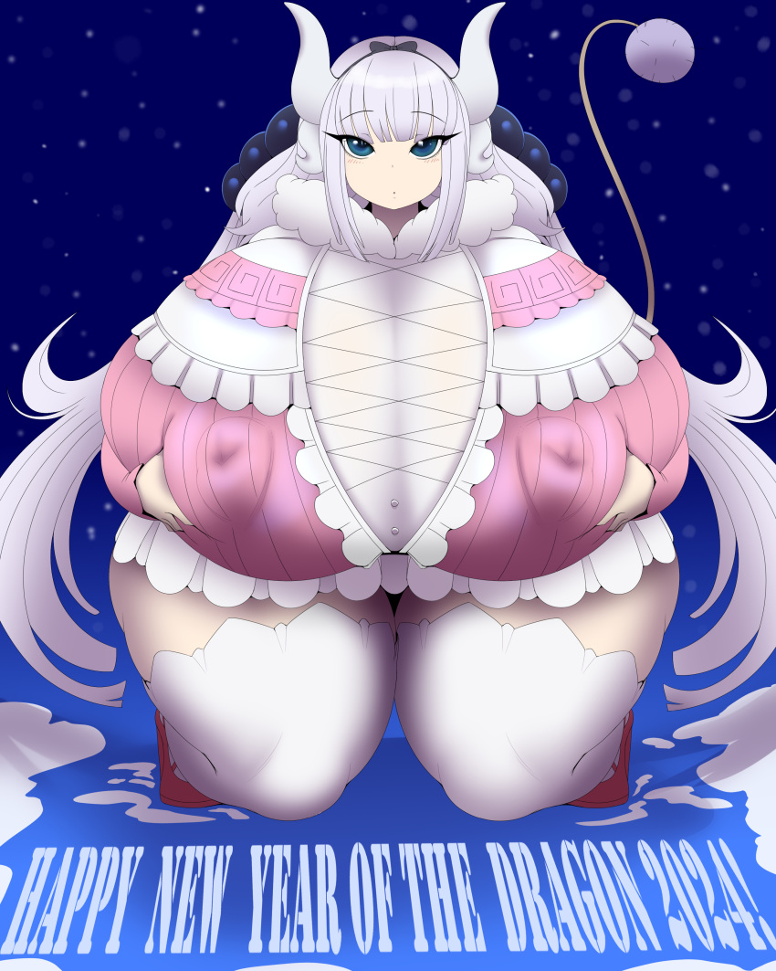 absurd_res aged_up animal_humanoid ber00 big_breasts blue_eyes blush breasts clothing dragon dragon_humanoid dress english_text female footwear hair hi_res horn horned_humanoid huge_breasts huge_thighs humanoid hyper hyper_breasts kanna_kamui kneeling leggings legwear looking_at_viewer miss_kobayashi's_dragon_maid nipple_outline not_furry sandals solo tail text thick_thighs white_body white_hair white_skin