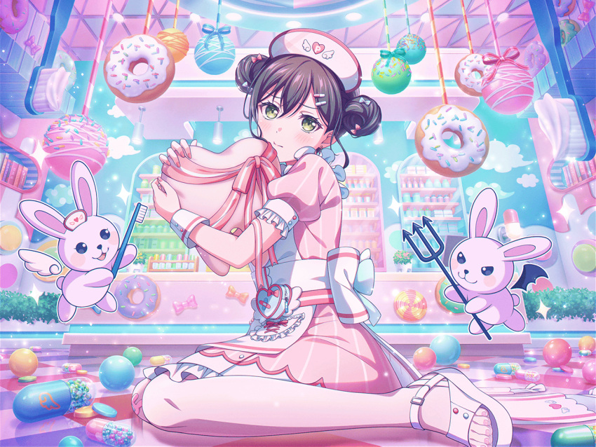 1girl angel_and_devil apron back_bow bang_dream! belt_pouch black_hair blush bow counter double_bun dress earrings frilled_apron frills from_behind green_eyes hair_bun hair_ornament hairclip hanazono_tae hat head_tilt hugging_object indoors jewelry looking_at_viewer nail_polish nurse nurse_cap official_art on_floor pantyhose pill pill_hair_ornament pink_dress pink_nails pinstripe_dress pinstripe_pattern pouch puffy_short_sleeves puffy_sleeves rabbit sandals shelf short_sleeves sitting sleeve_cuffs striped third-party_source tooth toothbrush wariza white_pantyhose