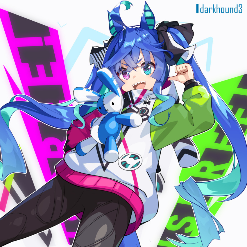 1girl :d @_@ ahoge animal_ears animal_hood aqua_eyes aqua_hair black_bodysuit blue_hair bodysuit bodysuit_under_clothes bow cowboy_shot crossed_bangs dark_hound_3 drawstring english_commentary hair_bow hand_up heterochromia highres hood hoodie horse_ears horse_girl horse_tail long_hair long_sleeves looking_at_viewer multicolored_background multicolored_clothes multicolored_hair multicolored_hoodie open_mouth outline pointing pointing_at_self purple_eyes rabbit_hood sharp_teeth sidelocks smile solo striped striped_bow stuffed_animal stuffed_rabbit stuffed_toy tail teeth twin_turbo_(umamusume) twintails twitter_username two-tone_hair umamusume upper_teeth_only v-shaped_eyebrows very_long_hair white_outline